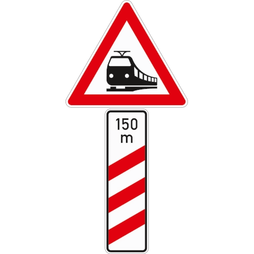 VZ 156-11: Bahnübergang mit dreistreifiger Bake mit Entfernungsangabe