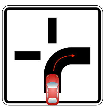 Abknickende Vorfahrt: Folgen Sie der Straße, dürfen Sie zuerst fahren.