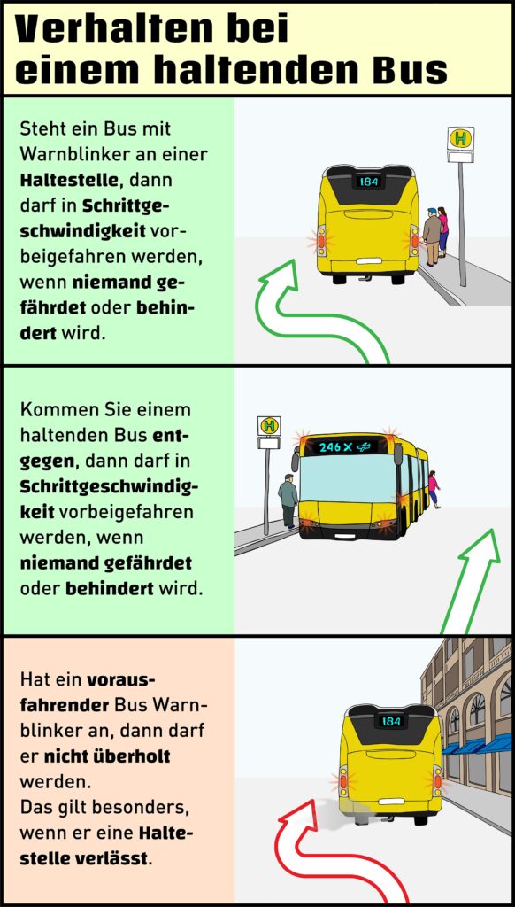 So verhalten Sie sich richtig, wenn ein Bus mit Warnblinklicht vor Ihnen auftaucht.