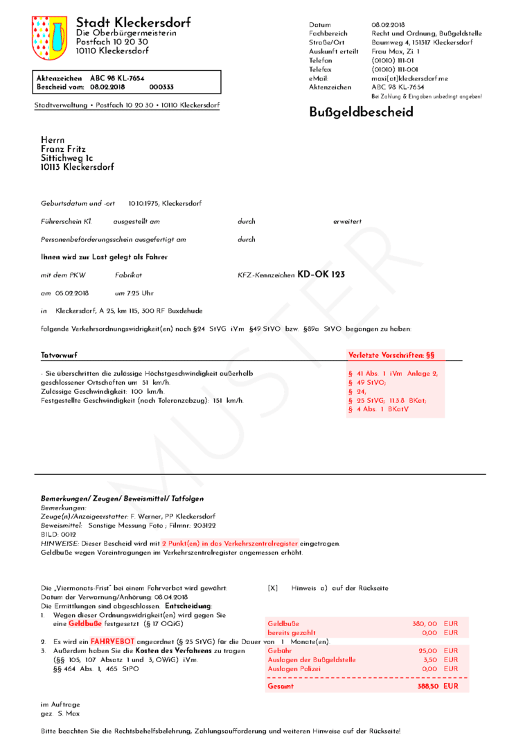 Was Kostet Bußgeldbescheid 1.mahnung Falsch Parken www.bussgeldkatalog.de