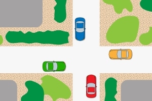 Rechts vor links auf der Kreuzung: Begegnen sich 4 Autos aus vier verschiedenen Richtungen, müssen sich die Fahrer verständigen.