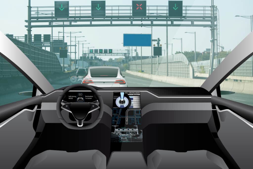 Die Schilder auf der Autobahn ermöglichen autonomes Fahren, da sie den Fahrzeugen zur Orientierung dienen.
