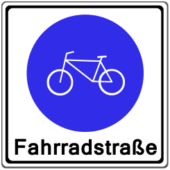 Das Verkehrszeichen zur Fahrradstraße zeigt ein weißes Fahrrad im blauen Kreis auf  weißen Hintergrund.